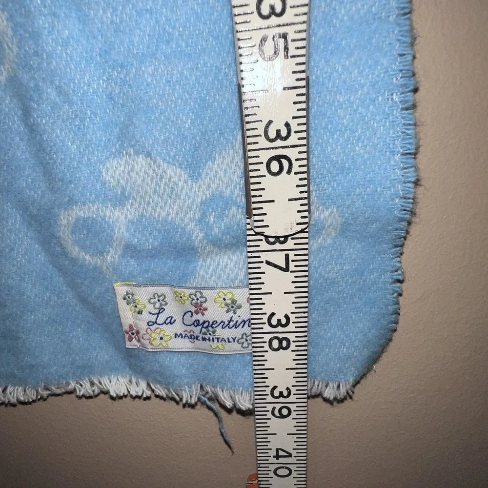 Baby Blanket Blue Teddy Bear La Copertina ITALY Cotton Blend Fringe Receiving